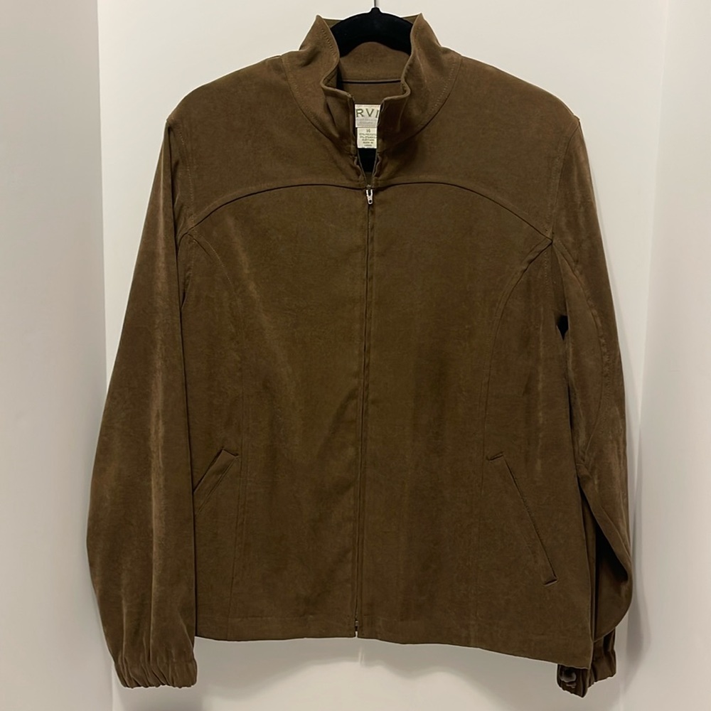 ORVIS Faux Suede Full Zip Up Jacket Women’s Size 14 Brown Cinch Hem Outdoor